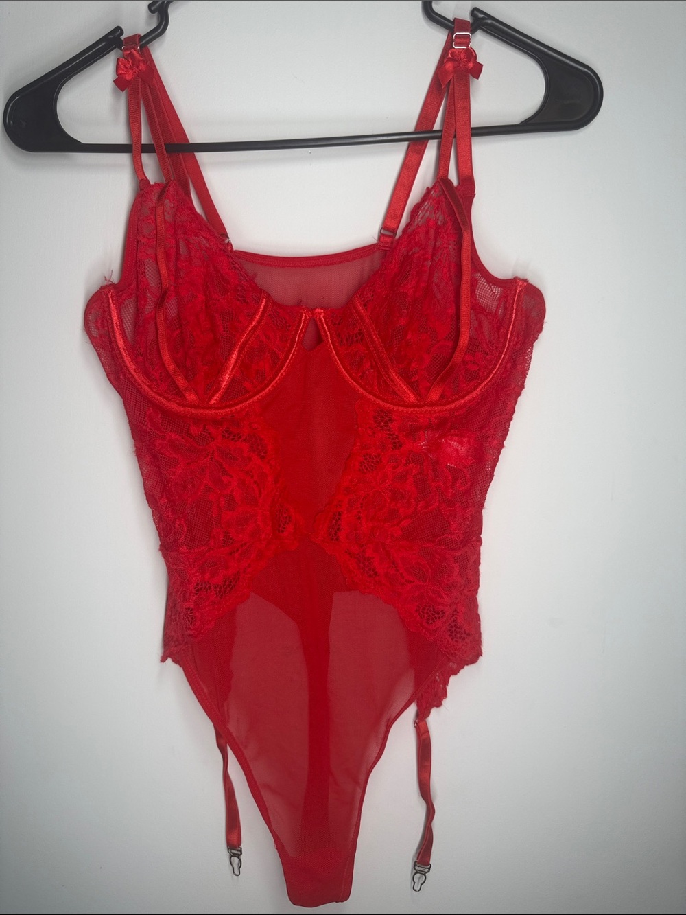 Red Lace & Mesh Sheer thong Bodysuit with Garters